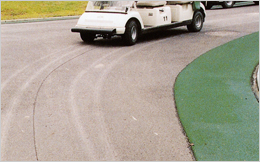乗用ゴルフカート直線部分からカーブに入る誘導線状況写真